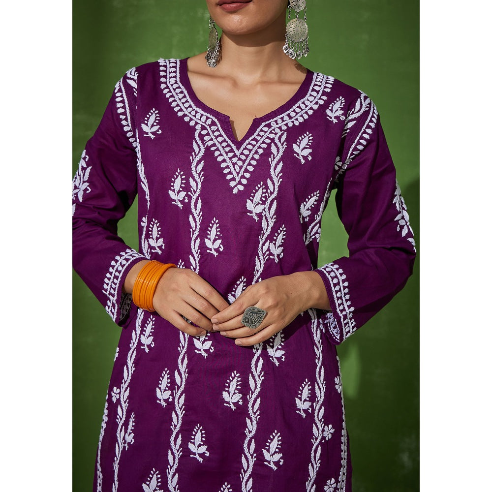 House of Chikankari Purple Aleena Chikankari Cotton Short Kurta with Pant (Set of 2)