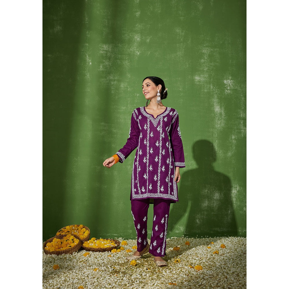 House of Chikankari Purple Aleena Chikankari Cotton Short Kurta with Pant (Set of 2)