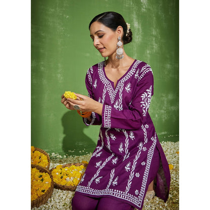 House of Chikankari Purple Aleena Chikankari Cotton Short Kurta with Pant (Set of 2)