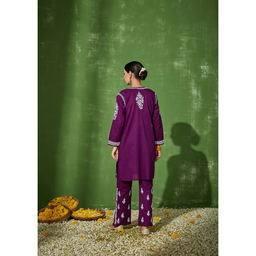 House of Chikankari Purple Aleena Chikankari Cotton Short Kurta with Pant (Set of 2)