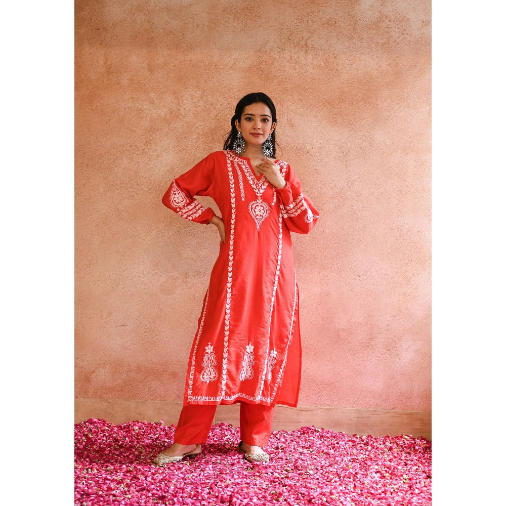 House of Chikankari Red Kajra Chikankari Chanderi Straight Kurta with Pant (Set of 2)