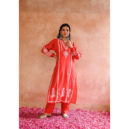 House of Chikankari Red Kajra Chikankari Chanderi Straight Kurta with Pant (Set of 2)