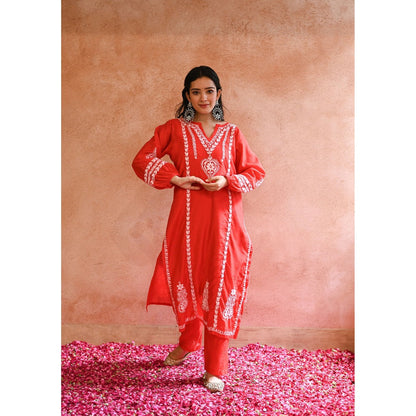 House of Chikankari Red Kajra Chikankari Chanderi Straight Kurta with Pant (Set of 2)