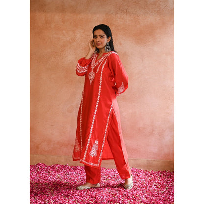 House of Chikankari Red Kajra Chikankari Chanderi Straight Kurta with Pant (Set of 2)
