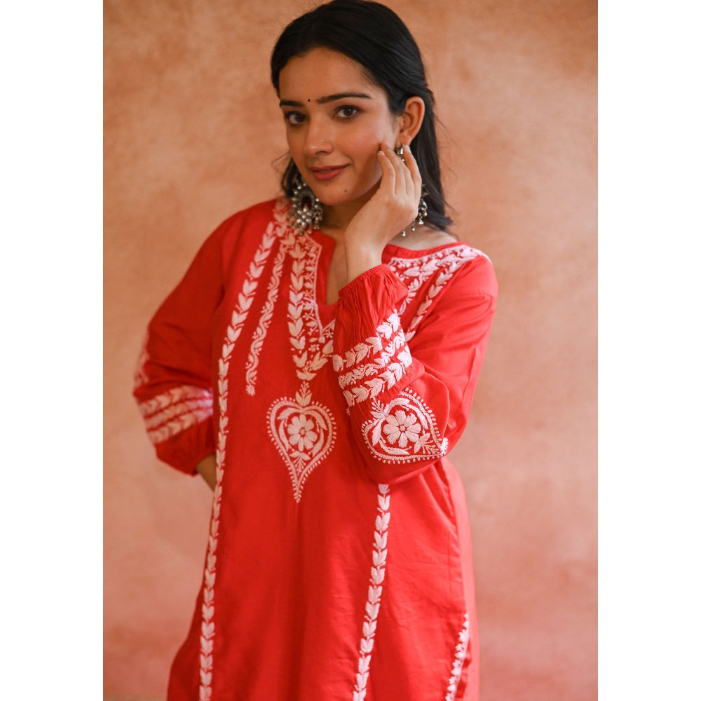 House of Chikankari Red Kajra Chikankari Chanderi Straight Kurta with Pant (Set of 2)