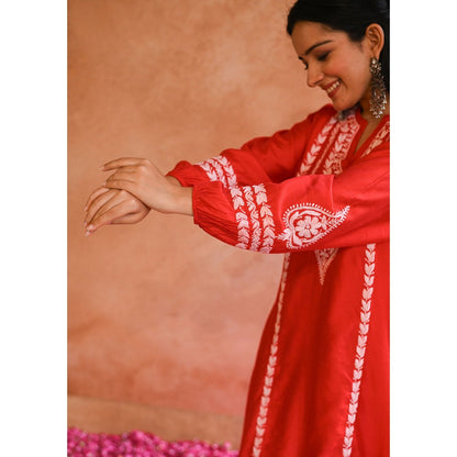 House of Chikankari Red Kajra Chikankari Chanderi Straight Kurta with Pant (Set of 2)