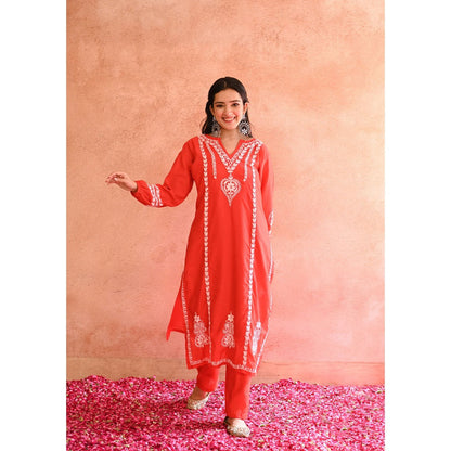 House of Chikankari Red Kajra Chikankari Chanderi Straight Kurta with Pant (Set of 2)