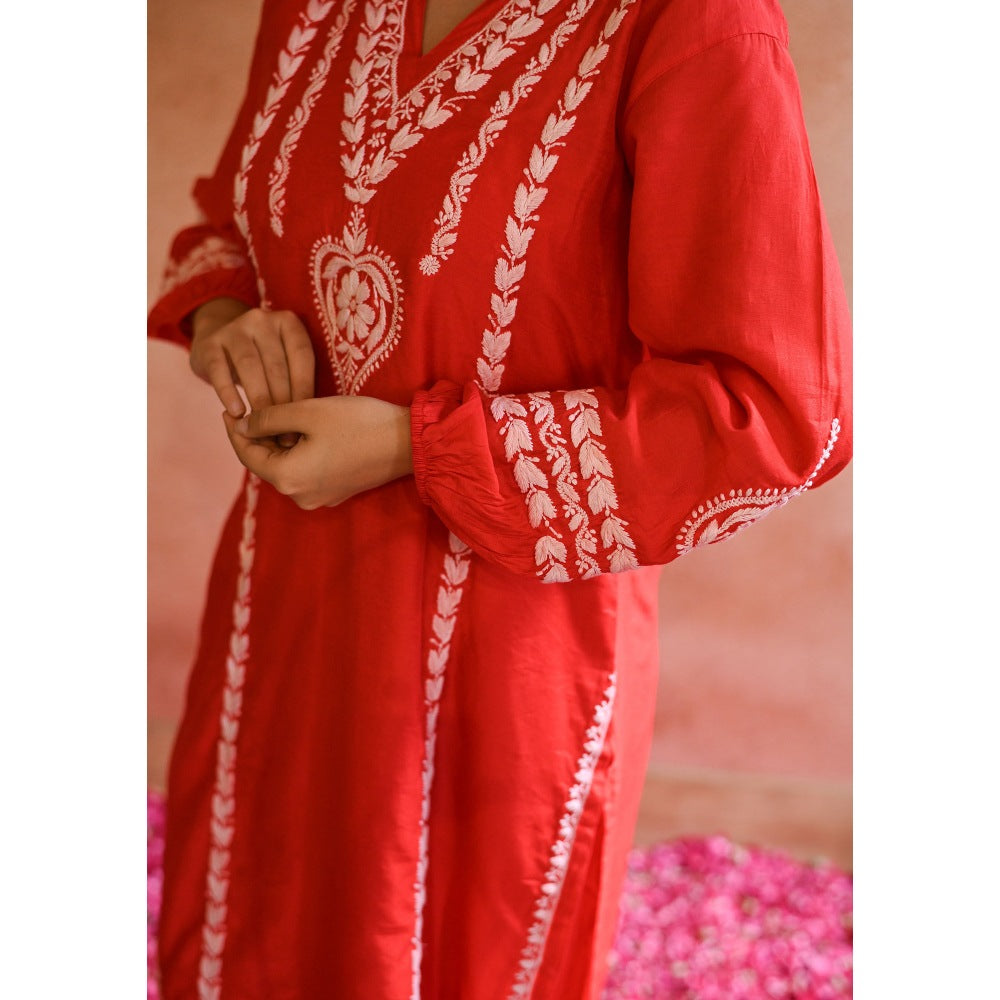 House of Chikankari Red Kajra Chikankari Chanderi Straight Kurta with Pant (Set of 2)