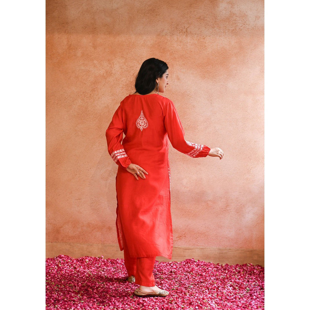 House of Chikankari Red Kajra Chikankari Chanderi Straight Kurta with Pant (Set of 2)