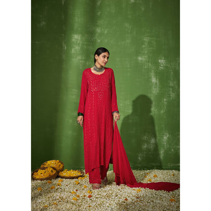 House of Chikankari Red Taibah Chikankari Georgette Straight Palazzo with Dupatta (Set of 4)