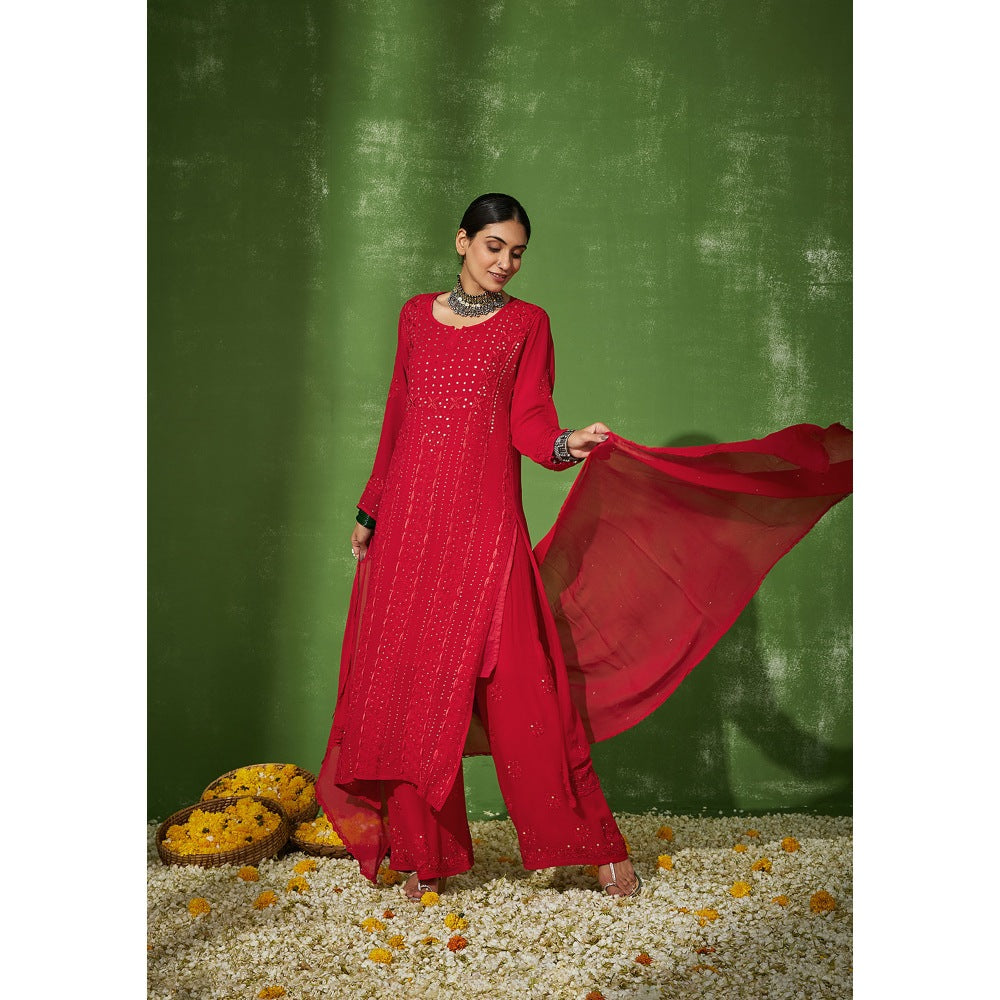 House of Chikankari Red Taibah Chikankari Georgette Straight Palazzo with Dupatta (Set of 4)