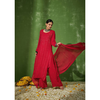 House of Chikankari Red Taibah Chikankari Georgette Straight Palazzo with Dupatta (Set of 4)