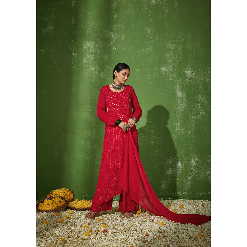 House of Chikankari Red Taibah Chikankari Georgette Straight Palazzo with Dupatta (Set of 4)