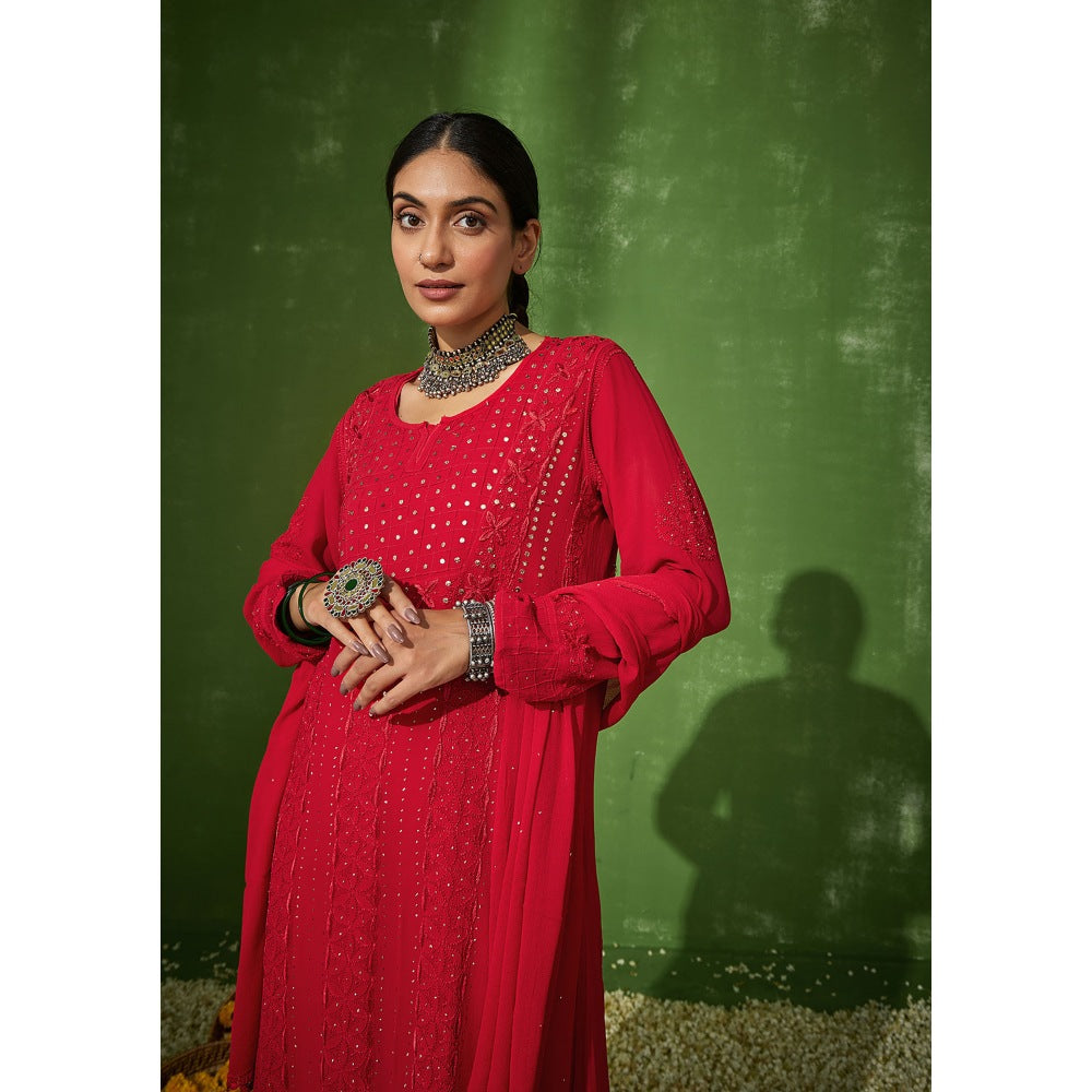 House of Chikankari Red Taibah Chikankari Georgette Straight Palazzo with Dupatta (Set of 4)