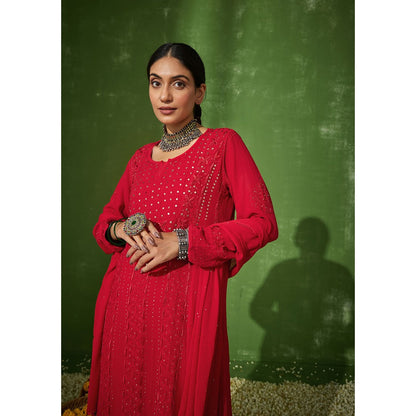 House of Chikankari Red Taibah Chikankari Georgette Straight Palazzo with Dupatta (Set of 4)