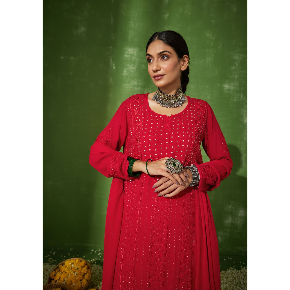 House of Chikankari Red Taibah Chikankari Georgette Straight Palazzo with Dupatta (Set of 4)
