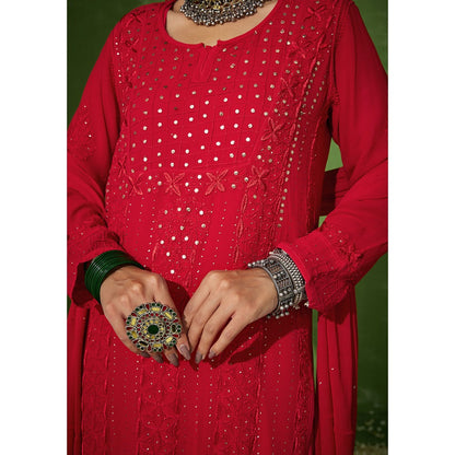 House of Chikankari Red Taibah Chikankari Georgette Straight Palazzo with Dupatta (Set of 4)