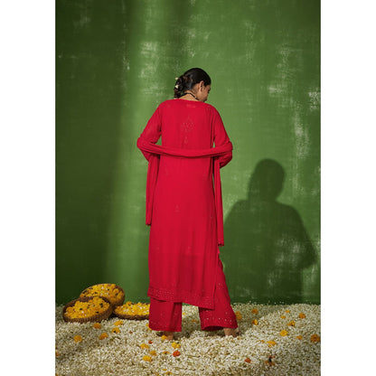 House of Chikankari Red Taibah Chikankari Georgette Straight Palazzo with Dupatta (Set of 4)