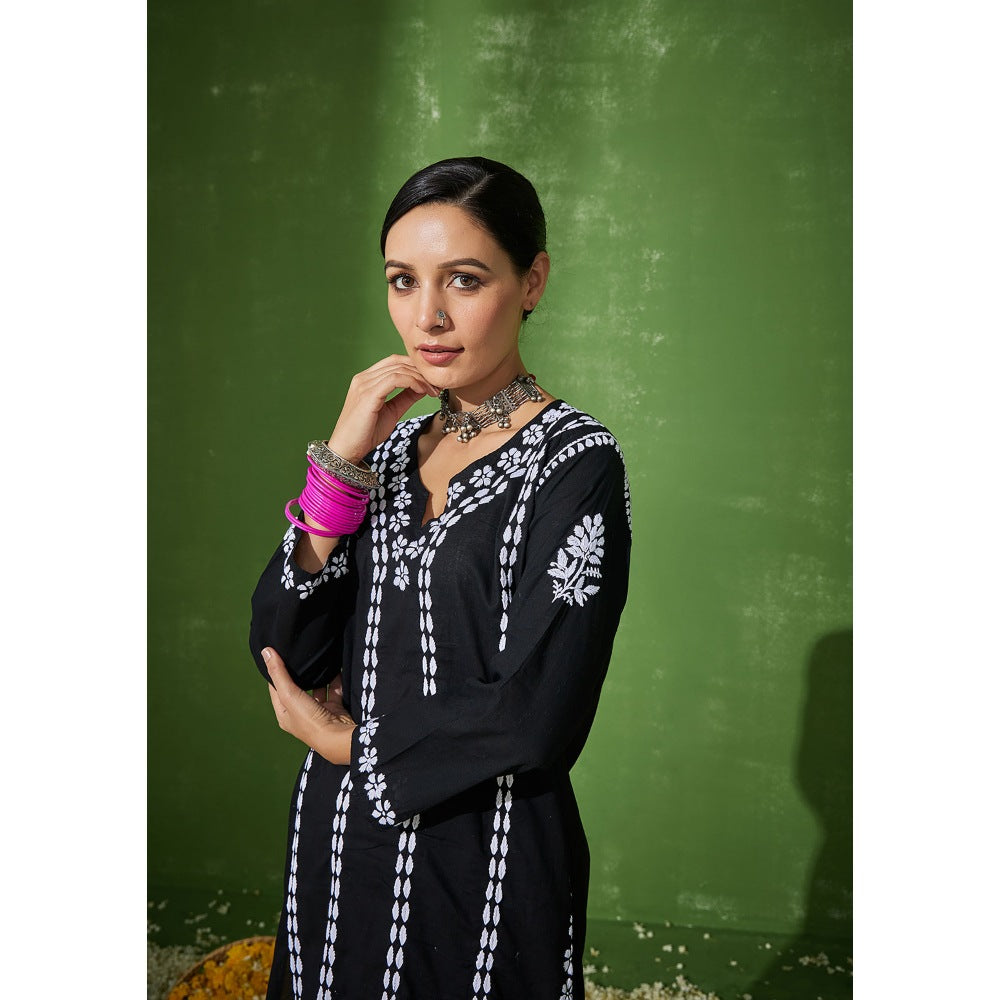 House of Chikankari Black Areeba Chikankari Cotton Short Kurta with Pant (Set of 2)