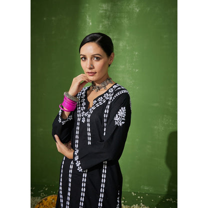 House of Chikankari Black Areeba Chikankari Cotton Short Kurta with Pant (Set of 2)