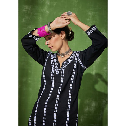 House of Chikankari Black Areeba Chikankari Cotton Short Kurta with Pant (Set of 2)