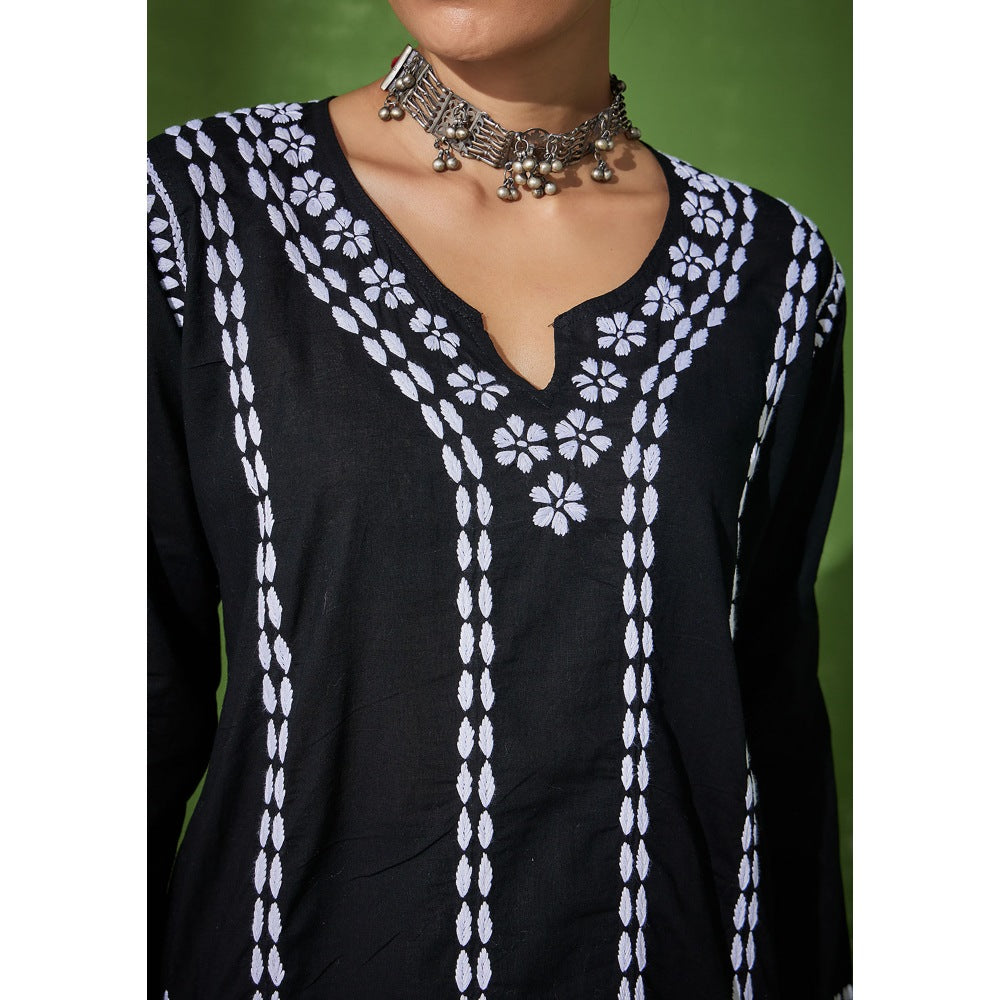 House of Chikankari Black Areeba Chikankari Cotton Short Kurta with Pant (Set of 2)