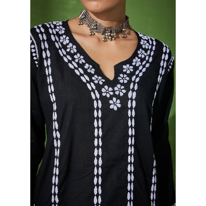 House of Chikankari Black Areeba Chikankari Cotton Short Kurta with Pant (Set of 2)