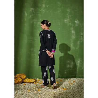 House of Chikankari Black Areeba Chikankari Cotton Short Kurta with Pant (Set of 2)