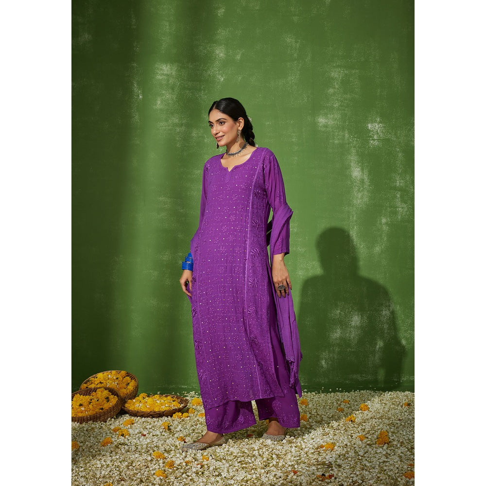 House of Chikankari Purple Shiza Chikankari Georgette Straight Palazzo with Dupatta (Set of 4)