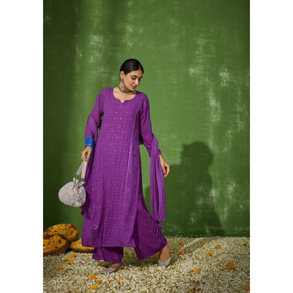 House of Chikankari Purple Shiza Chikankari Georgette Straight Palazzo with Dupatta (Set of 4)