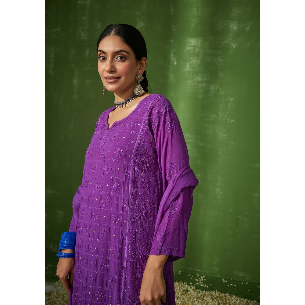 House of Chikankari Purple Shiza Chikankari Georgette Straight Palazzo with Dupatta (Set of 4)