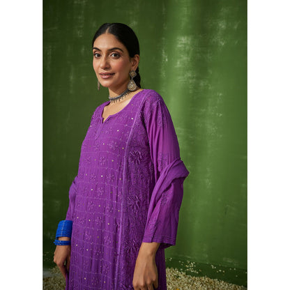House of Chikankari Purple Shiza Chikankari Georgette Straight Palazzo with Dupatta (Set of 4)