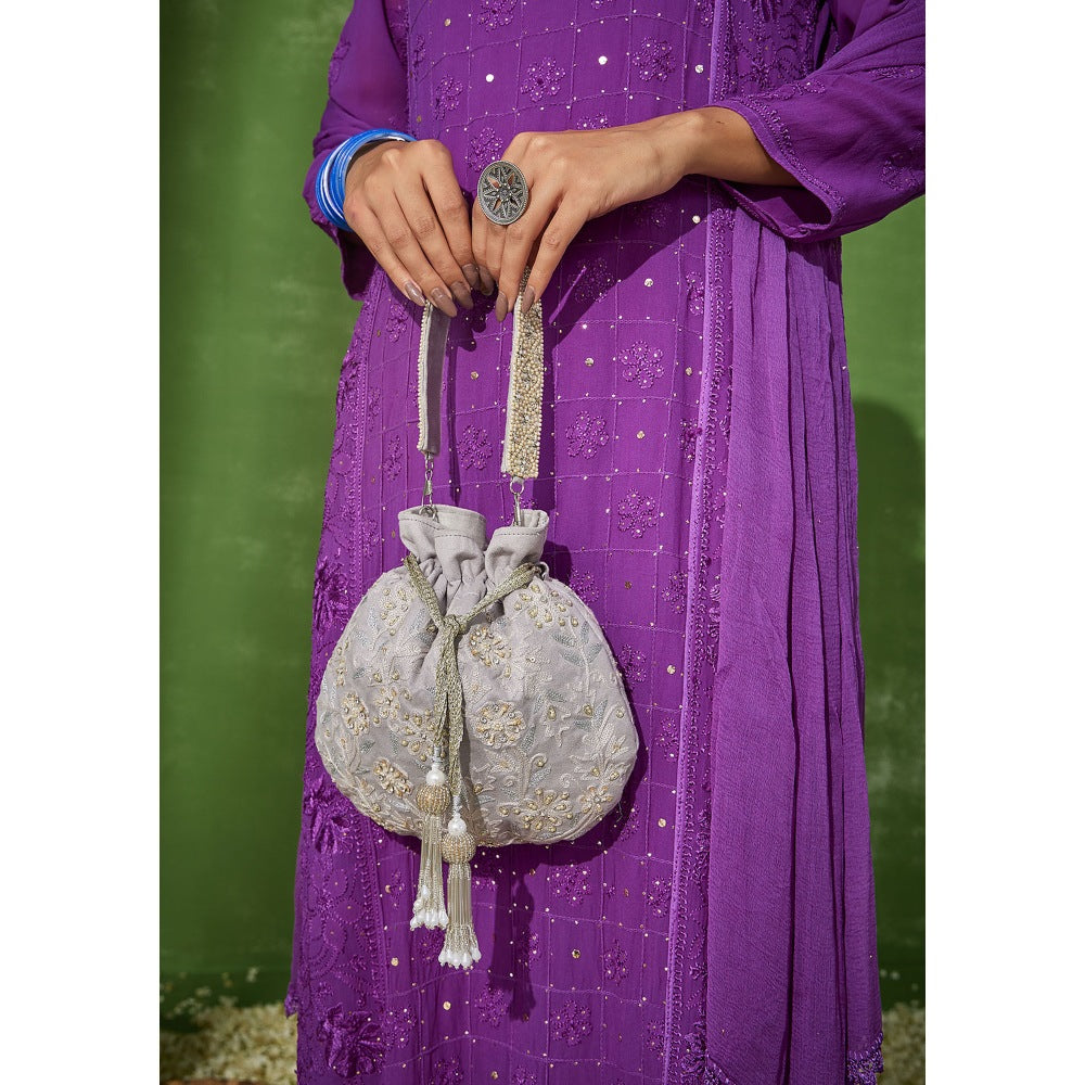 House of Chikankari Purple Shiza Chikankari Georgette Straight Palazzo with Dupatta (Set of 4)