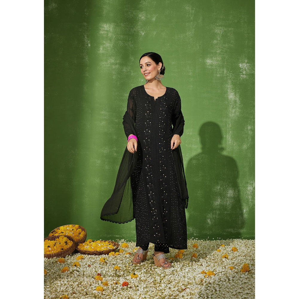 House of Chikankari Black Sabira Chikankari Georgette Straight Palazzo with Dupatta (Set of 4)