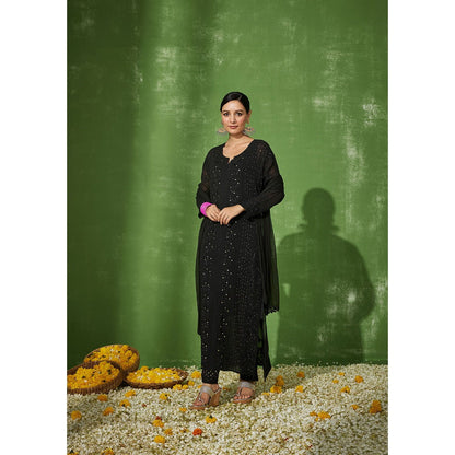 House of Chikankari Black Sabira Chikankari Georgette Straight Palazzo with Dupatta (Set of 4)