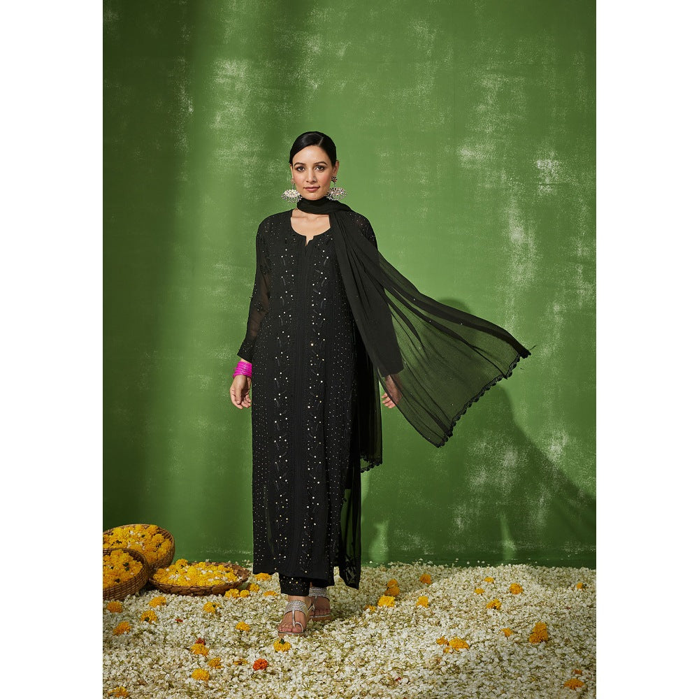 House of Chikankari Black Sabira Chikankari Georgette Straight Palazzo with Dupatta (Set of 4)