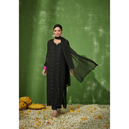 House of Chikankari Black Sabira Chikankari Georgette Straight Palazzo with Dupatta (Set of 4)