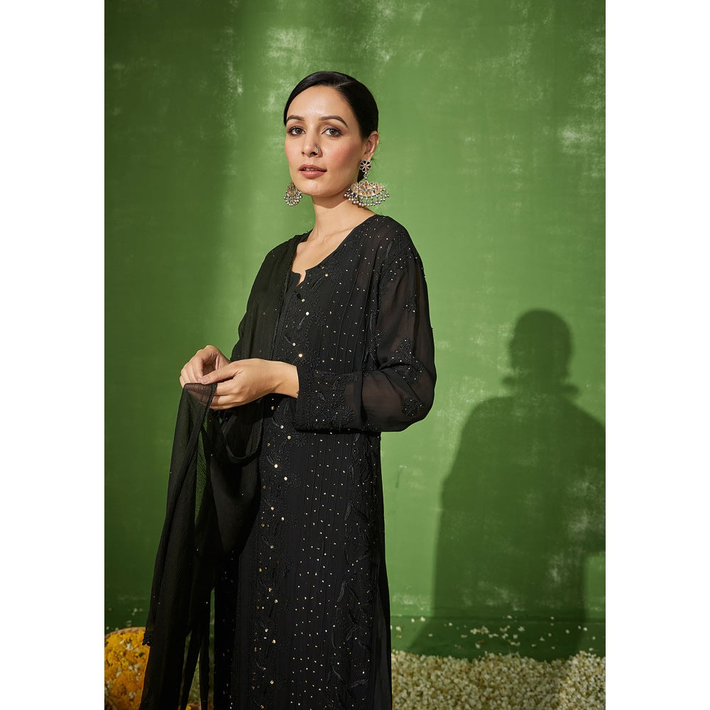 House of Chikankari Black Sabira Chikankari Georgette Straight Palazzo with Dupatta (Set of 4)
