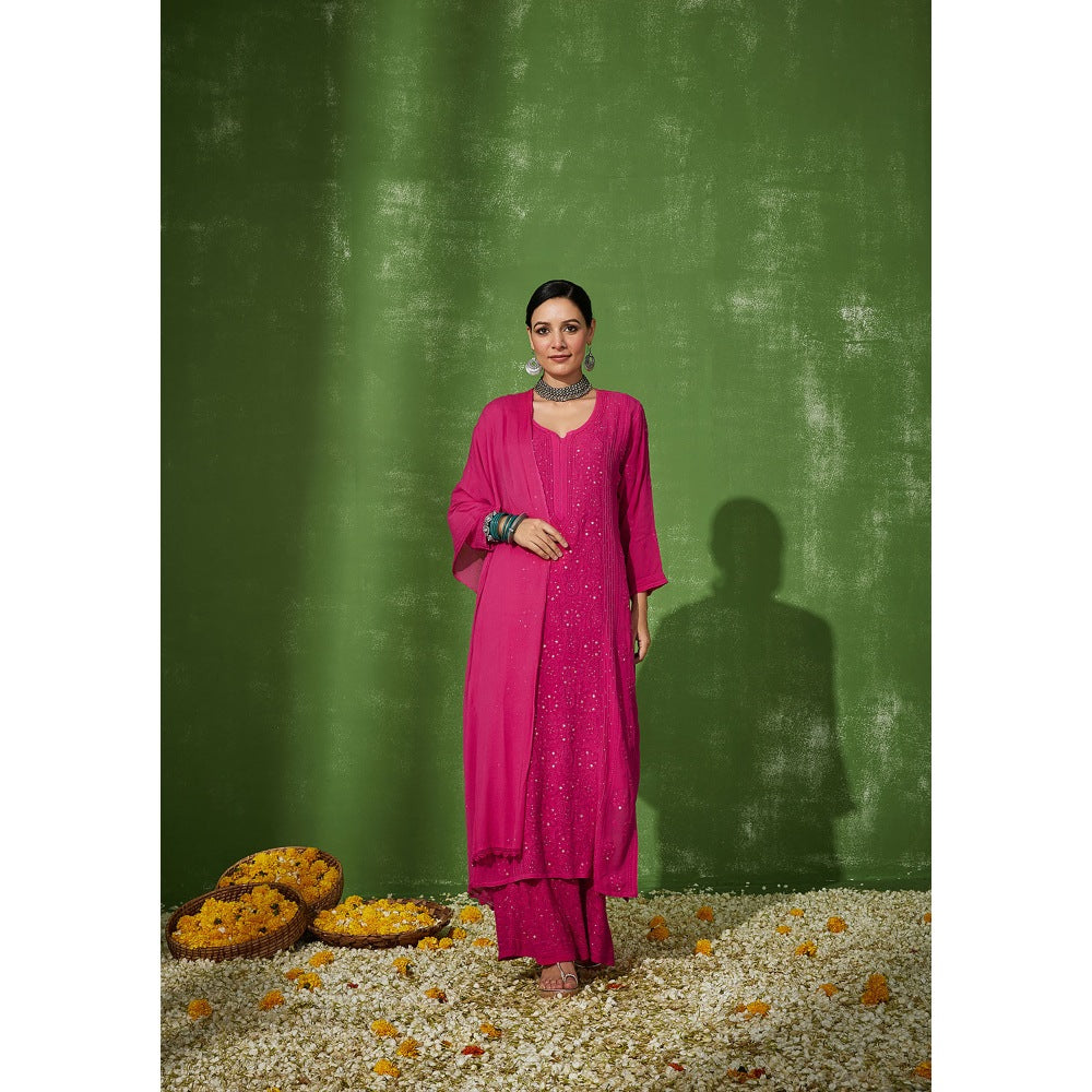 House of Chikankari Pink Safina Chikankari Georgette Straight Palazzo with Dupatta (Set of 4)