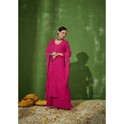House of Chikankari Pink Safina Chikankari Georgette Straight Palazzo with Dupatta (Set of 4)
