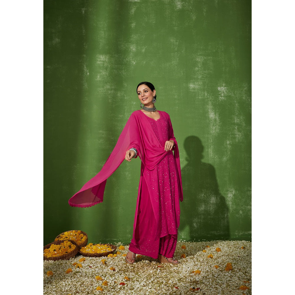 House of Chikankari Pink Safina Chikankari Georgette Straight Palazzo with Dupatta (Set of 4)