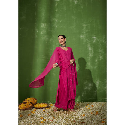 House of Chikankari Pink Safina Chikankari Georgette Straight Palazzo with Dupatta (Set of 4)