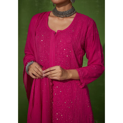 House of Chikankari Pink Safina Chikankari Georgette Straight Palazzo with Dupatta (Set of 4)