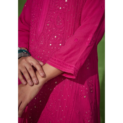 House of Chikankari Pink Safina Chikankari Georgette Straight Palazzo with Dupatta (Set of 4)