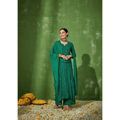 House of Chikankari Green Aruba Chikankari Georgette Straight Palazzo with Dupatta (Set of 4)