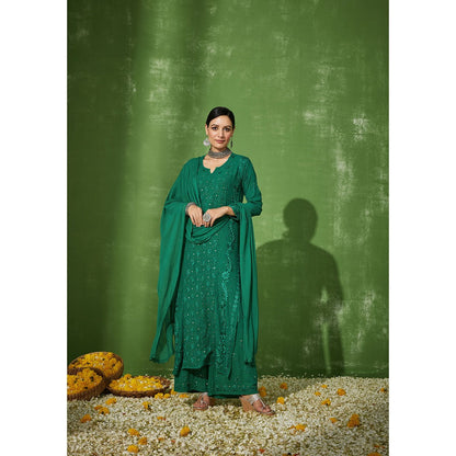 House of Chikankari Green Aruba Chikankari Georgette Straight Palazzo with Dupatta (Set of 4)