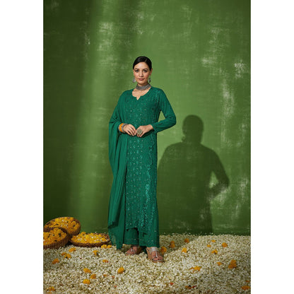 House of Chikankari Green Aruba Chikankari Georgette Straight Palazzo with Dupatta (Set of 4)