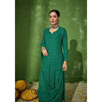 House of Chikankari Green Aruba Chikankari Georgette Straight Palazzo with Dupatta (Set of 4)