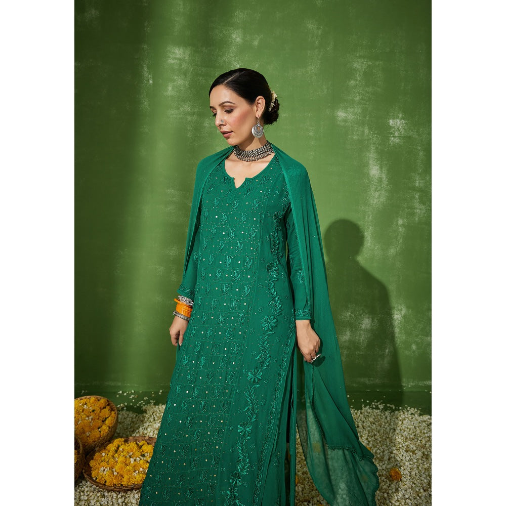House of Chikankari Green Aruba Chikankari Georgette Straight Palazzo with Dupatta (Set of 4)