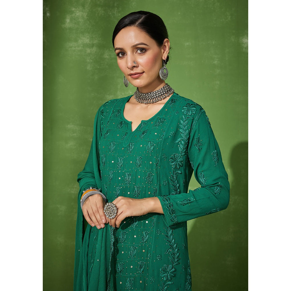 House of Chikankari Green Aruba Chikankari Georgette Straight Palazzo with Dupatta (Set of 4)